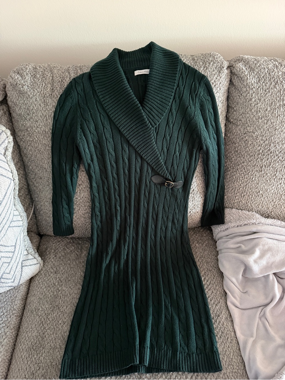 Calvin Klein Dark Green Cable-Knit Shawl Collar Cardigan Dress